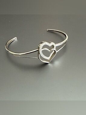 SAI sterling Silver 925 Double Hearts Diamond Cuff Bracelet Beautiful